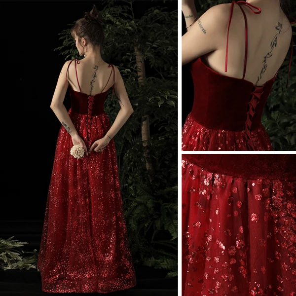 Chic / Belle Bordeaux Robe De Soirée 2019 Princesse Bretelles Spaghetti Sans Manches Glitter Paillettes Tulle Longue Dos Nu Robe De Ceremonie