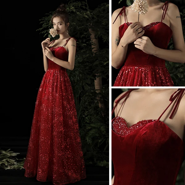 Chic / Belle Bordeaux Robe De Soirée 2019 Princesse Bretelles Spaghetti Sans Manches Glitter Paillettes Tulle Longue Dos Nu Robe De Ceremonie