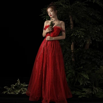Élégant Bordeaux Robe De Soirée 2019 Princesse De L 039 Épaule Col V Profond Perlage Manches Courtes Glitter Tulle Longue Volants Dos Nu Robe De Ceremonie