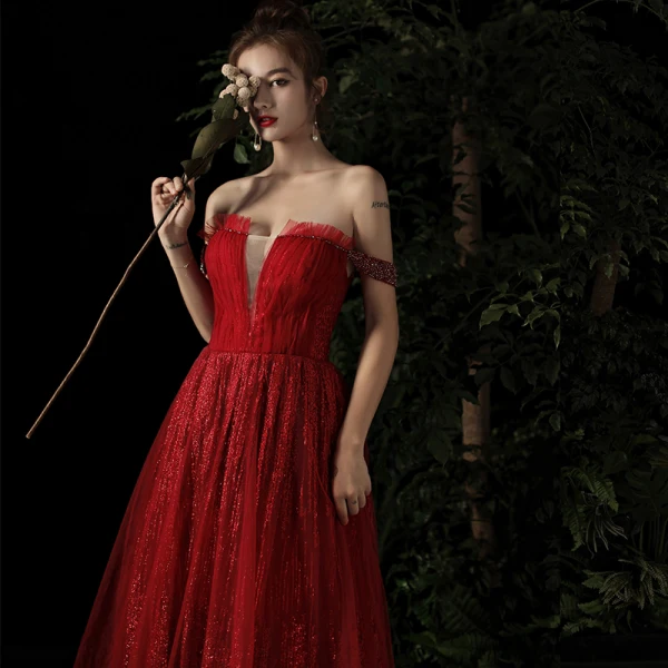 Elegant Burgundy Evening Dresses 2019 A-Line / Princess Off-The-Shoulder Deep V-Neck Beading Short Sleeve Glitter Tulle Floor-Length / Long Ruffle Backless Formal Dresses