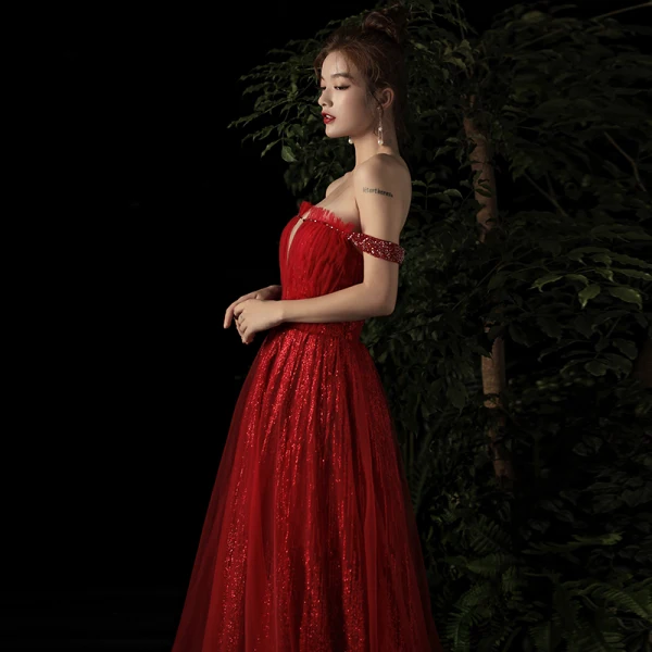 Elegant Burgundy Evening Dresses 2019 A-Line / Princess Off-The-Shoulder Deep V-Neck Beading Short Sleeve Glitter Tulle Floor-Length / Long Ruffle Backless Formal Dresses