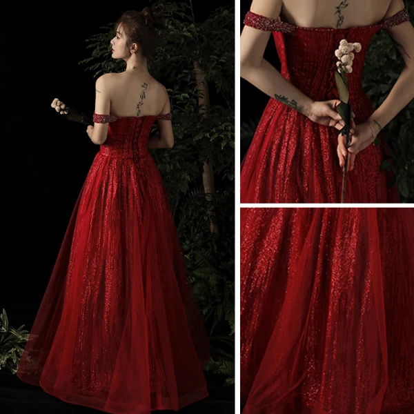 Elegant Burgundy Evening Dresses 2019 A-Line / Princess Off-The-Shoulder Deep V-Neck Beading Short Sleeve Glitter Tulle Floor-Length / Long Ruffle Backless Formal Dresses