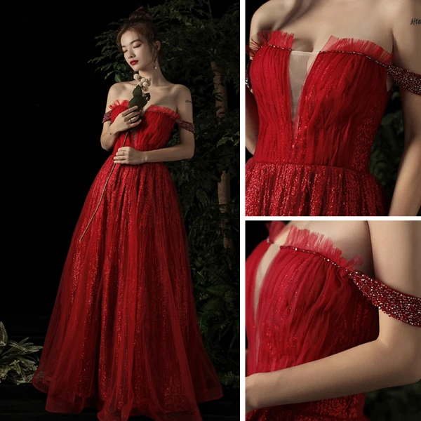 Elegant Burgundy Evening Dresses 2019 A-Line / Princess Off-The-Shoulder Deep V-Neck Beading Short Sleeve Glitter Tulle Floor-Length / Long Ruffle Backless Formal Dresses