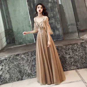 Illusion Kaki Robe De Soirée 2019 Princesse Perlage Bretelles Spaghetti Manches Courtes Appliques En Dentelle Longue Volants Dos Nu Robe De Ceremonie
