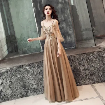 Illusion Khaki Evening Dresses 2019 A Line Princess Beading Spaghetti Straps Short Sleeve Appliques Lace Floor Length Long Ruffle Backless Formal Dresses