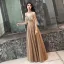 Illusion Khaki Evening Dresses  2019 A-Line / Princess Beading Spaghetti Straps Short Sleeve Appliques Lace Floor-Length / Long Ruffle Backless Formal Dresses