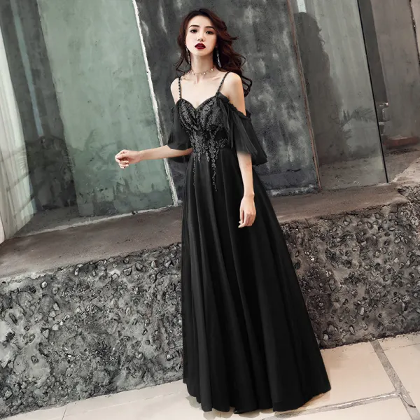Illusion Khaki Evening Dresses 2019 A-Line / Princess Beading Spaghetti Straps Short Sleeve Appliques Lace Floor-Length / Long Ruffle Backless Formal Dresses