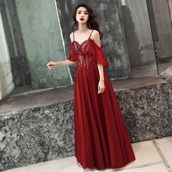 Illusion Khaki Evening Dresses 2019 A-Line / Princess Beading Spaghetti Straps Short Sleeve Appliques Lace Floor-Length / Long Ruffle Backless Formal Dresses