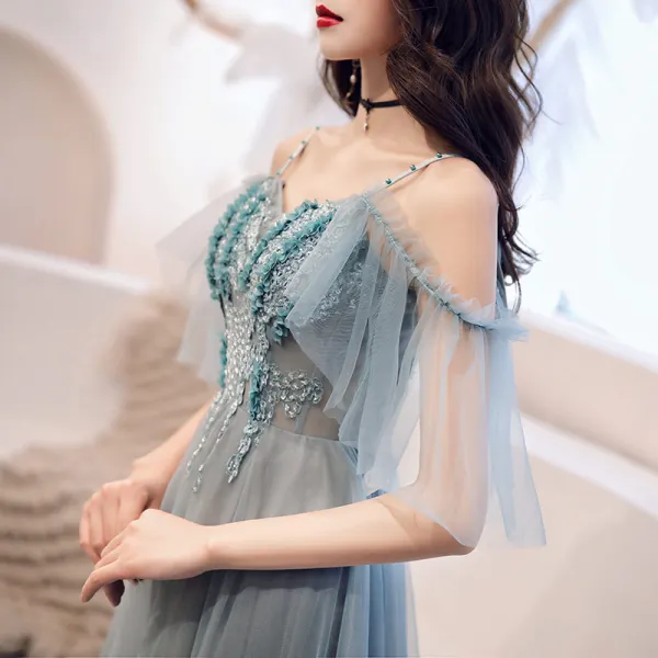 Illusion Khaki Evening Dresses 2019 A-Line / Princess Beading Spaghetti Straps Short Sleeve Appliques Lace Floor-Length / Long Ruffle Backless Formal Dresses