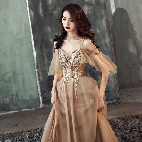 Illusion Khaki Evening Dresses 2019 A-Line / Princess Beading Spaghetti Straps Short Sleeve Appliques Lace Floor-Length / Long Ruffle Backless Formal Dresses
