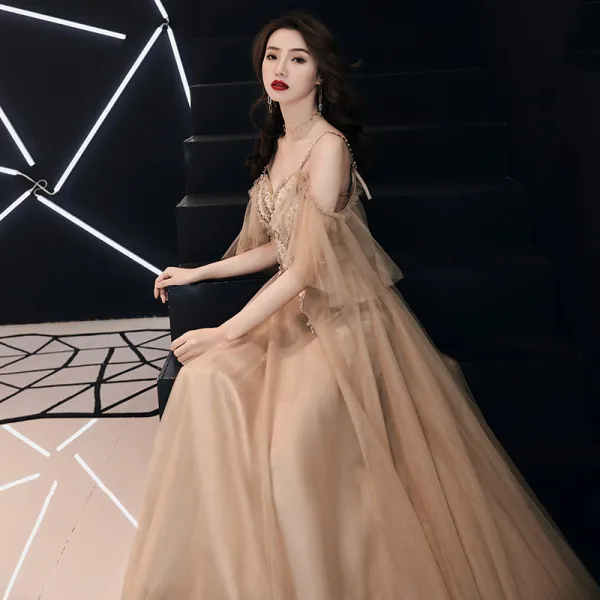 Illusion Khaki Evening Dresses 2019 A-Line / Princess Beading Spaghetti Straps Short Sleeve Appliques Lace Floor-Length / Long Ruffle Backless Formal Dresses