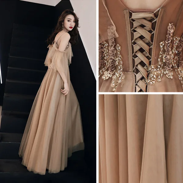 Illusion Khaki Evening Dresses 2019 A-Line / Princess Beading Spaghetti Straps Short Sleeve Appliques Lace Floor-Length / Long Ruffle Backless Formal Dresses