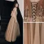 Illusion Khaki Evening Dresses  2019 A-Line / Princess Beading Spaghetti Straps Short Sleeve Appliques Lace Floor-Length / Long Ruffle Backless Formal Dresses