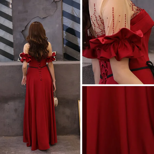 Élégant Transparentes Bordeaux Charmeuse Robe De Soirée 2019 Princesse Encolure Carrée Manches Courtes Faux Diamant Ceinture Longue Volants Dos Nu Robe De Ceremonie