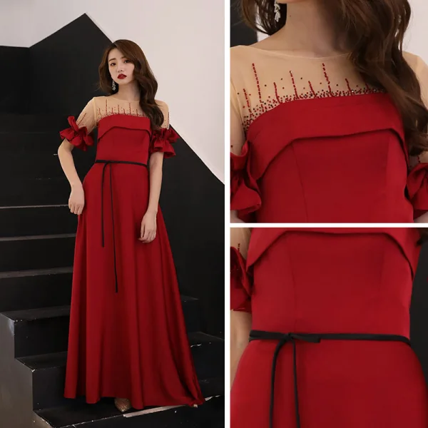Élégant Transparentes Bordeaux Charmeuse Robe De Soirée 2019 Princesse Encolure Carrée Manches Courtes Faux Diamant Ceinture Longue Volants Dos Nu Robe De Ceremonie