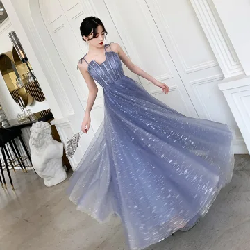 Affordable Sky Blue Prom Dresses 2019 A Line Princess Spaghetti Straps Sleeveless Glitter Tulle Floor Length Long Ruffle Backless Formal Dresses