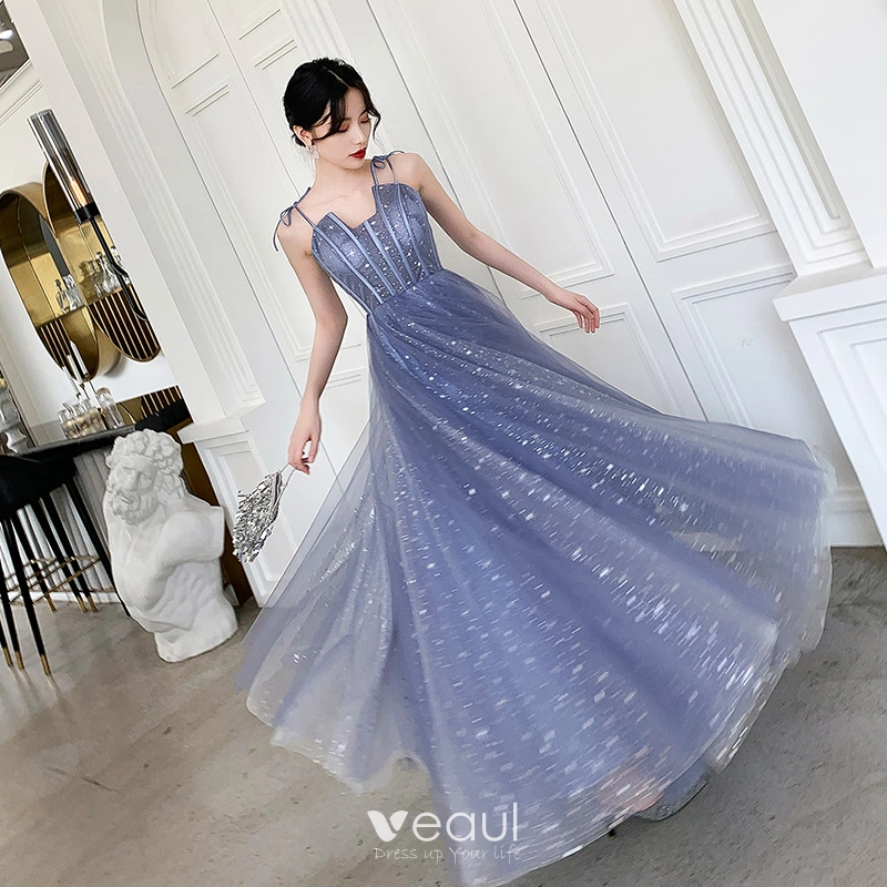 Affordable Sky Blue Prom Dresses 2019 A Line Princess Spaghetti Straps Sleeveless Glitter Tulle Floor Length Long Ruffle Backless Formal Dresses