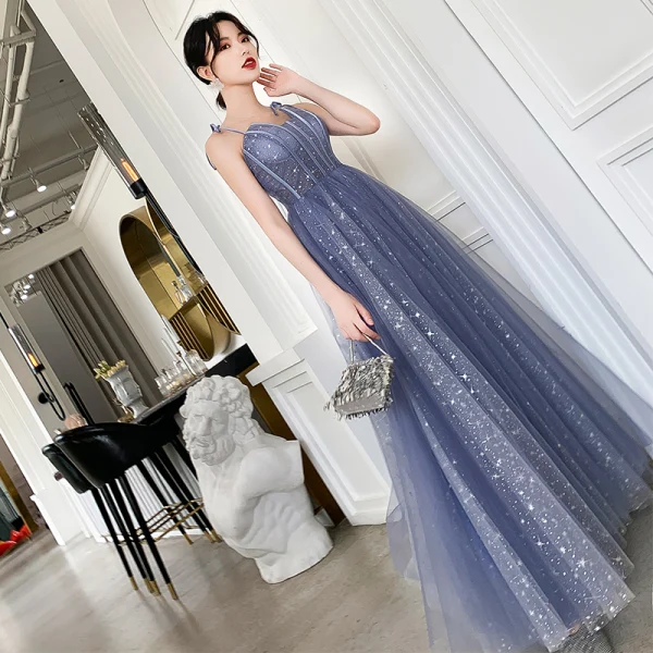 Affordable Sky Blue Prom Dresses 2019 A-Line / Princess Spaghetti Straps Sleeveless Glitter Tulle Floor-Length / Long Ruffle Backless Formal Dresses