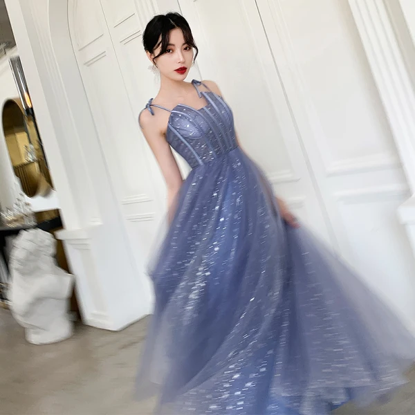 Affordable Sky Blue Prom Dresses 2019 A-Line / Princess Spaghetti Straps Sleeveless Glitter Tulle Floor-Length / Long Ruffle Backless Formal Dresses