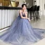 Affordable Sky Blue Prom Dresses 2019 A-Line / Princess Spaghetti Straps Sleeveless Glitter Tulle Floor-Length / Long Ruffle Backless Formal Dresses