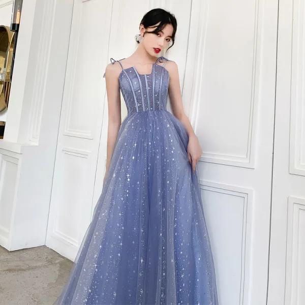 Affordable Sky Blue Prom Dresses 2019 A-Line / Princess Spaghetti Straps Sleeveless Glitter Tulle Floor-Length / Long Ruffle Backless Formal Dresses