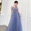 Affordable Sky Blue Prom Dresses 2019 A-Line / Princess Spaghetti Straps Sleeveless Glitter Tulle Floor-Length / Long Ruffle Backless Formal Dresses
