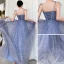 Affordable Sky Blue Prom Dresses 2019 A-Line / Princess Spaghetti Straps Sleeveless Glitter Tulle Floor-Length / Long Ruffle Backless Formal Dresses