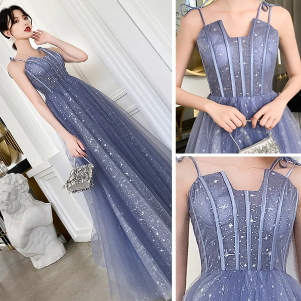 Affordable Sky Blue Prom Dresses 2019 A-Line / Princess Spaghetti Straps Sleeveless Glitter Tulle Floor-Length / Long Ruffle Backless Formal Dresses