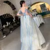 Chic / Belle Bleu Doré Robe De Soirée 2019 Princesse Bretelles Spaghetti Manches Courtes Paillettes Longue Volants Dos Nu Robe De Ceremonie