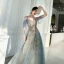 Chic / Belle Bleu Doré Robe De Soirée 2019 Princesse Bretelles Spaghetti Manches Courtes Paillettes Longue Volants Dos Nu Robe De Ceremonie