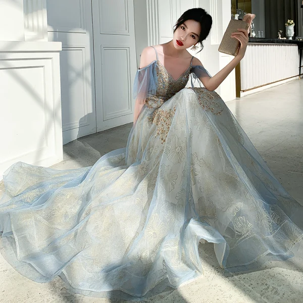 Chic / Belle Bleu Doré Robe De Soirée 2019 Princesse Bretelles Spaghetti Manches Courtes Paillettes Longue Volants Dos Nu Robe De Ceremonie