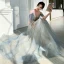 Chic / Belle Bleu Doré Robe De Soirée 2019 Princesse Bretelles Spaghetti Manches Courtes Paillettes Longue Volants Dos Nu Robe De Ceremonie