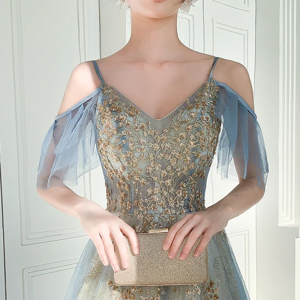 Chic / Belle Bleu Doré Robe De Soirée 2019 Princesse Bretelles Spaghetti Manches Courtes Paillettes Longue Volants Dos Nu Robe De Ceremonie