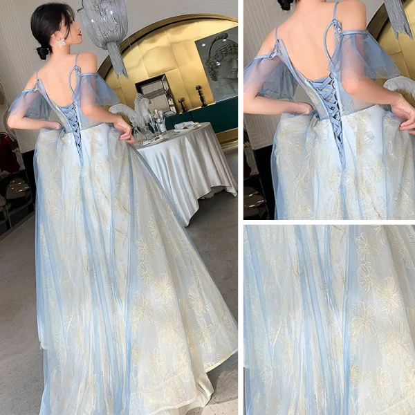 Chic / Belle Bleu Doré Robe De Soirée 2019 Princesse Bretelles Spaghetti Manches Courtes Paillettes Longue Volants Dos Nu Robe De Ceremonie