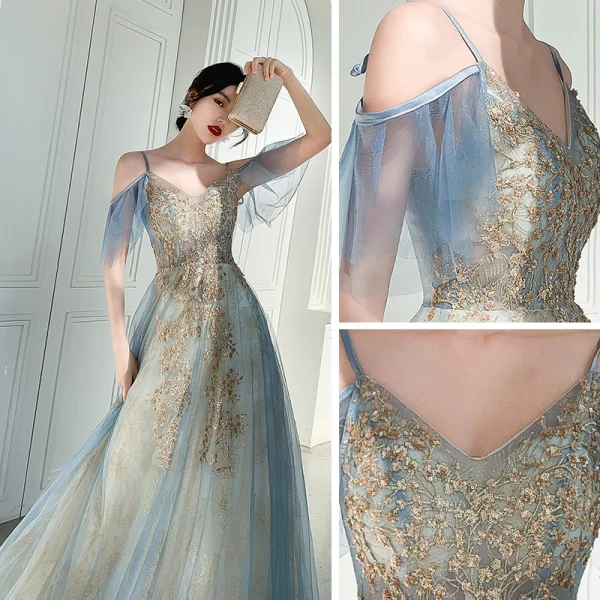 Chic / Belle Bleu Doré Robe De Soirée 2019 Princesse Bretelles Spaghetti Manches Courtes Paillettes Longue Volants Dos Nu Robe De Ceremonie