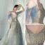 Chic / Belle Bleu Doré Robe De Soirée 2019 Princesse Bretelles Spaghetti Manches Courtes Paillettes Longue Volants Dos Nu Robe De Ceremonie