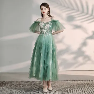 Chic Beautiful Green Homecoming Graduation Dresses 2019 A Line Princess Spaghetti Straps Short Sleeve Appliques Lace Beading Tea Length Cascading Ruffles Backless Formal Dresses