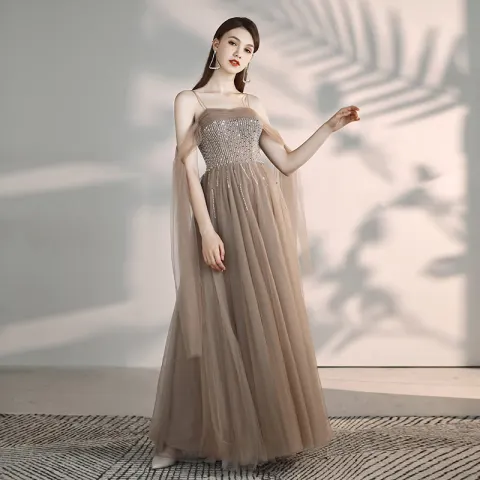 Elegante Khaki Abendkleider 2019 A Linie Off Shoulder Spaghettiträger Kurze Ärmel Perlenstickerei Lange Rüschen Rückenfreies Festliche Kleider