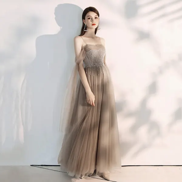 Élégant Kaki Robe De Soirée 2019 Princesse De l'épaule Bretelles Spaghetti Manches Courtes Perlage Longue Volants Dos Nu Robe De Ceremonie