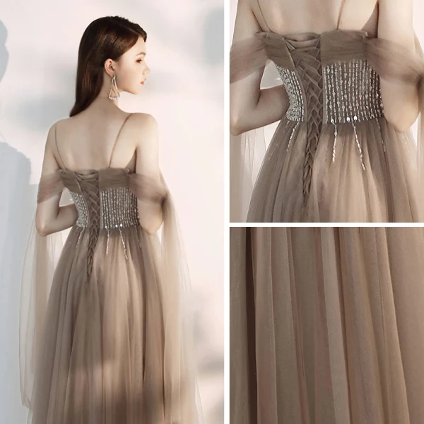 Élégant Kaki Robe De Soirée 2019 Princesse De l'épaule Bretelles Spaghetti Manches Courtes Perlage Longue Volants Dos Nu Robe De Ceremonie