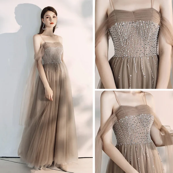 Élégant Kaki Robe De Soirée 2019 Princesse De l'épaule Bretelles Spaghetti Manches Courtes Perlage Longue Volants Dos Nu Robe De Ceremonie