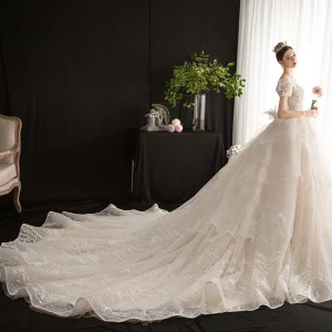 Style Victorien Vintage Originale Champagne Robe De Mariée 2019 Princesse Encolure Carrée Gonflée Manches Courtes Dos Nu Noeud Glitter Tulle Appliques En Dentelle Perlage Cathedral Train Volants