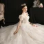 Viktorianischer Stil Vintage Champagner Brautkleider / Hochzeitskleider 2019 A Linie Eckiger Ausschnitt Geschwollenes Kurze Ärmel Rückenfreies Schleife Glanz Tülle Applikationen Spitze Perlenstickerei Kathedrale Schleppe Rüschen