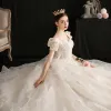 Victorian Style Vintage / Retro Champagne Wedding Dresses 2019 A-Line / Princess Square Neckline Puffy Short Sleeve Backless Bow Glitter Tulle Appliques Lace Beading Cathedral Train Ruffle