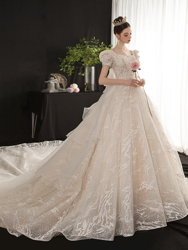 Viktorianischer Stil Vintage Champagner Brautkleider / Hochzeitskleider 2019 A Linie Eckiger Ausschnitt Geschwollenes Kurze Ärmel Rückenfreies Schleife Glanz Tülle Applikationen Spitze Perlenstickerei Kathedrale Schleppe Rüschen