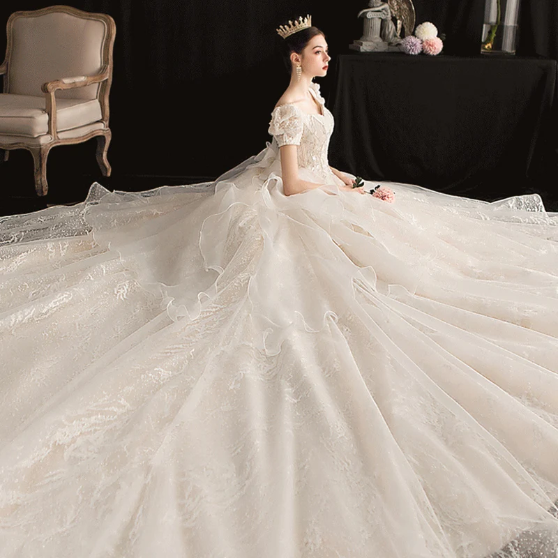 Victorian Style Vintage Retro Champagne Wedding Dresses 2019 A Line  Princess Square Neckline Puffy Short Sleeve Backless Bow Glitter Tulle  Appliques Lace Beading Cathedral Train Ruffle