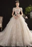 Viktorianischer Stil Vintage Champagner Brautkleider / Hochzeitskleider 2019 A Linie Eckiger Ausschnitt Geschwollenes Kurze Ärmel Rückenfreies Schleife Glanz Tülle Applikationen Spitze Perlenstickerei Kathedrale Schleppe Rüschen