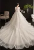 Victorian Style Vintage / Retro Champagne Wedding Dresses 2019 A-Line / Princess Square Neckline Puffy Short Sleeve Backless Bow Glitter Tulle Appliques Lace Beading Cathedral Train Ruffle