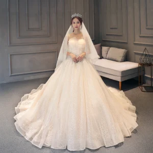 Chic Belle Champagne Dentelle Robe De Mariée 2019 Robe Boule Bustier Sans Manches Dos Nu Glitter Tulle Appliques En Dentelle Perlage Chapel Train Volants