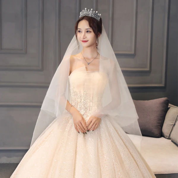 Chic / Belle Champagne Dentelle Robe De Mariée 2019 Robe Boule Bustier Sans Manches Dos Nu Glitter Tulle Appliques En Dentelle Perlage Chapel Train Volants